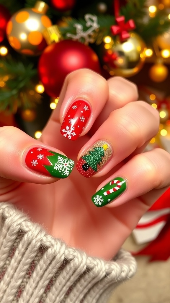Festive Christmas Nail Art Designs Christmas-themed nail art with red and green polish, snowflakes, trees, and glitter.
